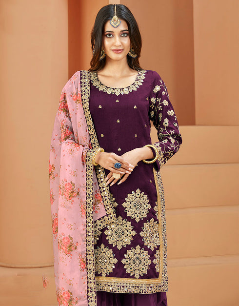 Traditional Function Wear Suit Collection Purple Art Silk Patiyala Straight Back View